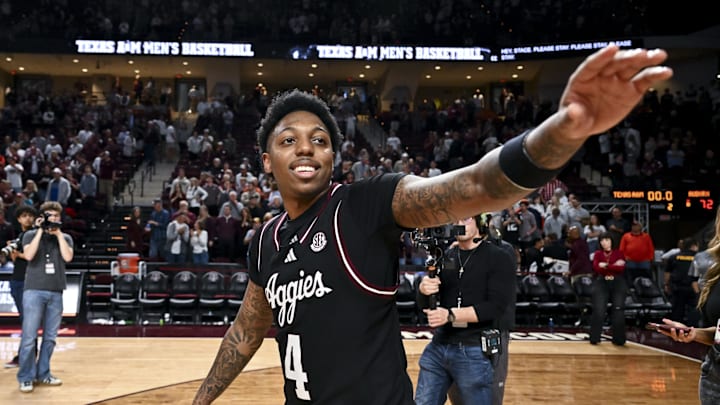 Mar 4, 2025; College Station, Texas, USA; Texas A&M Aggies guard Wade Taylor IV (4) reacts after the game against the Auburn Tigers at Reed Arena. Mandatory Credit: Maria Lysaker-Imagn Images 