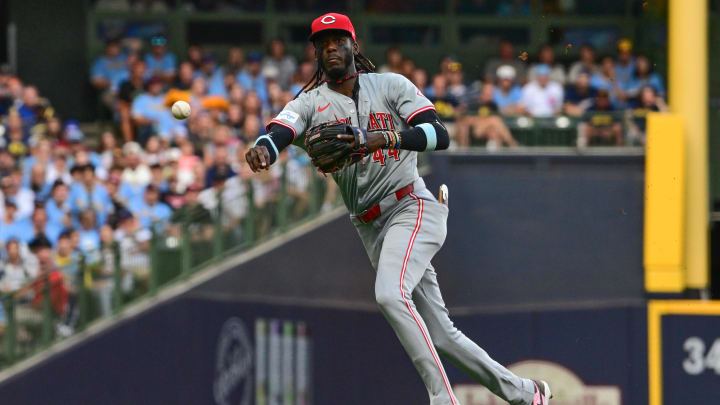 Aug 10, 2024; Milwaukee, Wisconsin, USA;  Cincinnati Reds shortstop Elly De La Cruz (44) throws out Milwaukee Brewers third baseman Joseph Ortiz (3) in the third inning at American Family Field. Mandatory Credit: Benny Sieu-USA TODAY Sports