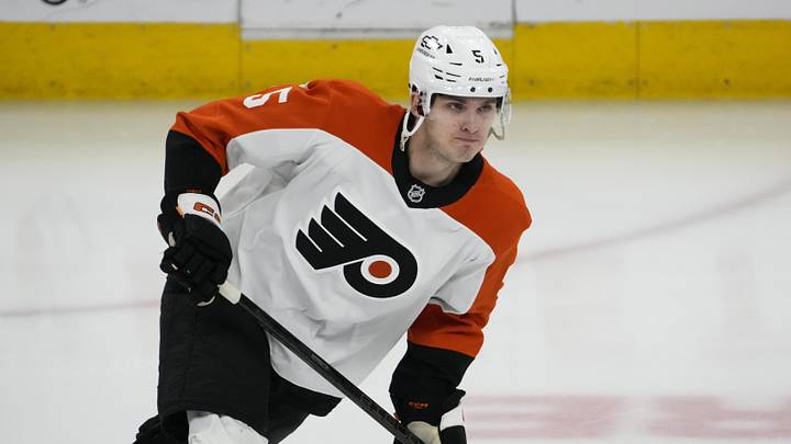 Mar 23, 2025; Chicago, Illinois, USA; Philadelphia Flyers defenseman Egor Zamula (5) warms up before a game against the Chicago Blackhawks at United Center.