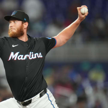 Jun 7, 2024; Miami, Florida, USA;  Miami Marlins pitcher A.J. Puk (35) pitches against the Cleveland Guardians in the seventh inning at loanDepot Park. Mandatory Credit: Jim Rassol-USA TODAY Sports