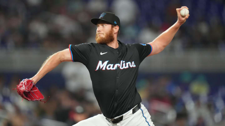 Jun 7, 2024; Miami, Florida, USA;  Miami Marlins pitcher A.J. Puk (35) pitches against the Cleveland Guardians in the seventh inning at loanDepot Park. Mandatory Credit: Jim Rassol-USA TODAY Sports