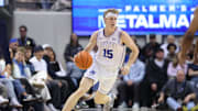 Mar 1, 2025; Provo, Utah, USA; Brigham Young Cougars forward Richie Saunders brings the ball up the court during the first half against the West Virginia Mountaineers at Marriott Center. Mandatory Credit: Rob Gray-Imagn Images