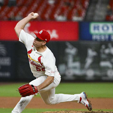 Jul 8, 2025; St. Louis, Missouri, USA;  St. Louis Cardinals relief pitcher Ryan Helsley (56) pitches against the Washington Nationals during the ninth inning at Busch Stadium. Mandatory Credit: Jeff Curry-Imagn Images