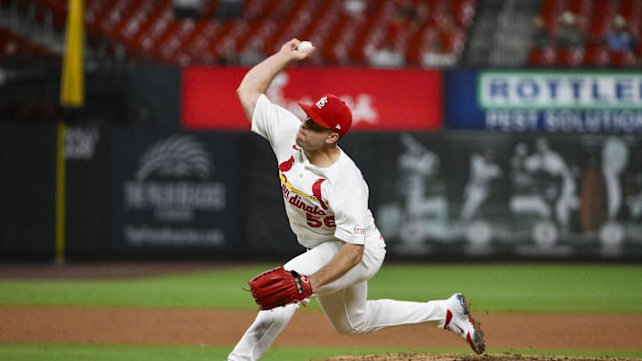 Jul 8, 2025; St. Louis, Missouri, USA; St. Louis Cardinals relief pitcher Ryan Helsley (56) pitches against the Washington Nationals during the ninth inning at Busch Stadium. Mandatory Credit: Jeff Curry-Imagn Images