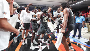 Nov 29, 2024; Paradise Island, Bahamas, BHS;  Oklahoma Sooners guard Duke Miles (15) dances with teammates after the game against the Louisville Cardinals at Imperial Arena at the Atlantis resort.  Mandatory Credit: Kevin Jairaj-Imagn Images