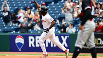 May 1, 2025; Cleveland, Ohio, USA; Cleveland Guardians right fielder Jhonkensy Noel (43) celebrates after hitting a home run during the fourth inning as Minnesota Twins starting pitcher Simeon Woods Richardson (24) walks back to the mound at Progressive Field. Mandatory Credit: Ken Blaze-Imagn Images

