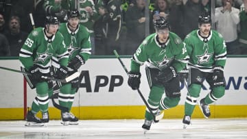 May 5, 2024; Dallas, Texas, USA; Dallas Stars center Radek Faksa (12) and defenseman Miro Heiskanen (4) and defenseman Thomas Harley (55) center Sam Steel (18) skate off the ice after Faksa scores the game winning goal against the Vegas Golden Knights during the third period in game seven of the first round of the 2024 Stanley Cup Playoffs at American Airlines Center. Mandatory Credit: Jerome Miron-USA TODAY Sports