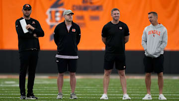 May 12, 2023; Cincinnati, Ohio, USA; Director of college scouting Mike Potts far left) and director