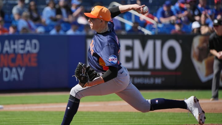 Feb 25, 2024; Port St. Lucie, Florida, USA;  Houston Astros pitcher AJ Blubaugh (69) pitches against the New York Mets in the second inning at Clover Park.