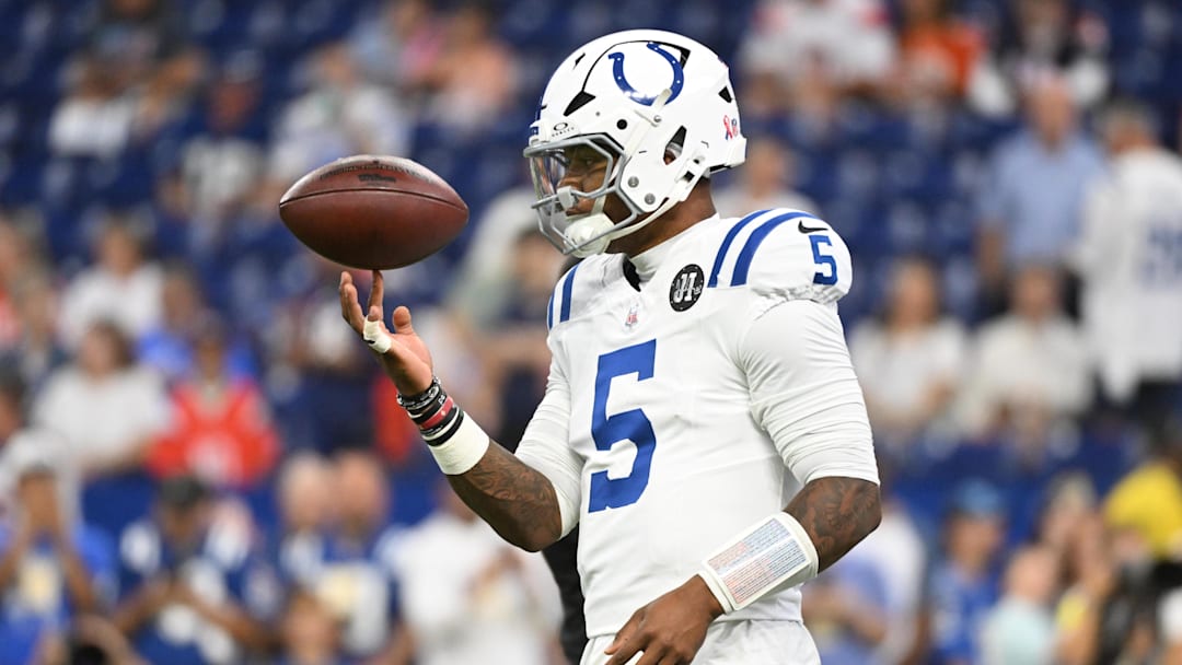 Sep 14, 2025; Indianapolis, Indiana, USA; Indianapolis Colts quarterback Anthony Richardson Sr. (5) warms up prior to the game against the Denver Broncos at Lucas Oil Stadium. 