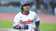 Aug 26, 2025; Cleveland, Ohio, USA; Cleveland Guardians third baseman Jose Ramirez (11) reacts after flying out in the first inning against the Tampa Bay Rays at Progressive Field. Mandatory Credit: David Richard-Imagn Images
