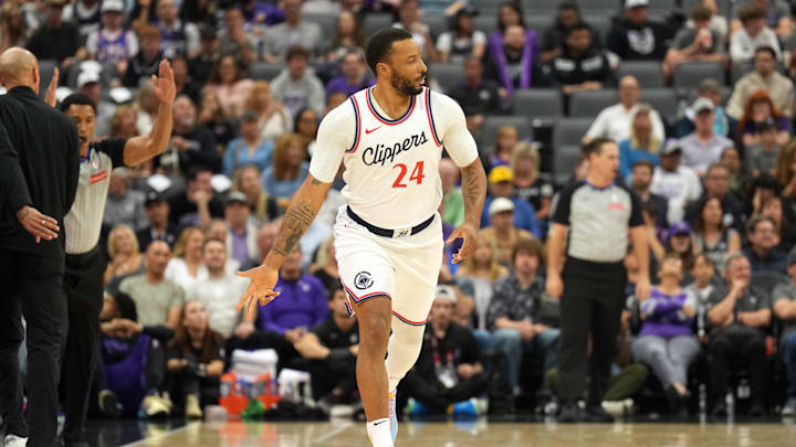 Apr 11, 2025; Sacramento, California, USA; Los Angeles Clippers guard Norman Powell (24) gestures after making a three point basket against the Sacramento Kings during the first quarter at Golden 1 Center. Mandatory Credit: Darren Yamashita-Imagn Images