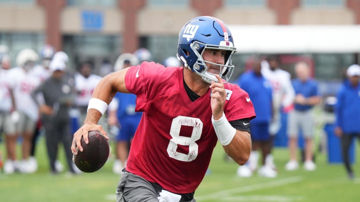 Jul 25, 2024; East Rutherford, NY, USA; New York Giants quarterback Daniel Jones (8) scrambles during training camp at Quest Diagnostics Training Center. Mandatory Credit: Lucas Boland-USA TODAY Sports