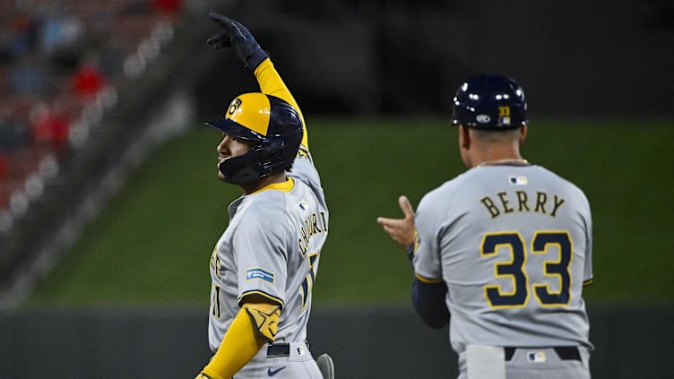 Aug 21, 2024; St. Louis, Missouri, USA;  Milwaukee Brewers left fielder Jackson Chourio (11) reacts after hitting a two run single against the St. Louis Cardinals during the seventh inning at Busch Stadium. Mandatory Credit: Jeff Curry-USA TODAY Sports