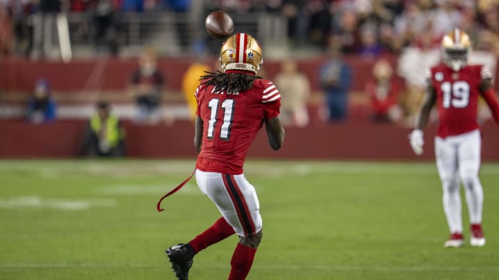Dec 25, 2023; Santa Clara, California, USA; San Francisco 49ers wide receiver Brandon Aiyuk (11) catches the football for a first down against the Baltimore Ravens during the first quarter at Levi's Stadium. Mandatory Credit: Neville E. Guard-USA TODAY Sports