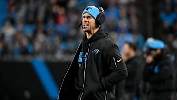 Dec 1, 2024; Charlotte, North Carolina, USA; Carolina Panthers head coach Dave Canales reacts in the fourth quarter at Bank of America Stadium. Mandatory Credit: Bob Donnan-Imagn Images