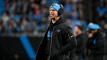 Dec 1, 2024; Charlotte, North Carolina, USA; Carolina Panthers head coach Dave Canales reacts in the fourth quarter at Bank of America Stadium. Mandatory Credit: Bob Donnan-Imagn Images