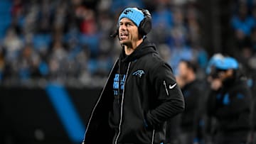 Dec 1, 2024; Charlotte, North Carolina, USA; Carolina Panthers head coach Dave Canales reacts in the fourth quarter at Bank of America Stadium. Mandatory Credit: Bob Donnan-Imagn Images