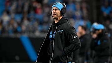 Dec 1, 2024; Charlotte, North Carolina, USA; Carolina Panthers head coach Dave Canales reacts in the fourth quarter at Bank of America Stadium.