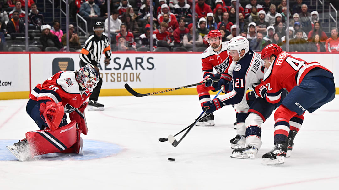 Blue Jackets forward Isac Lundestrom attempts to score against Capitals goalie Logan Thompson. Blue Jackets forward Isac Lundestrom attempts to score against Capitals goalie Logan Thompson.