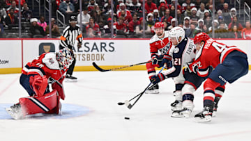 Blue Jackets forward Isac Lundestrom attempts to score against Capitals goalie Logan Thompson.