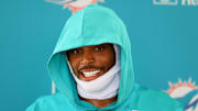 Jul 24, 2024; Miami Gardens, FL, USA; Miami Dolphins cornerback Jalen Ramsey (5) talks to reporters during training camp at Baptist Health Training Complex. Mandatory Credit: Sam Navarro-Imagn Images
