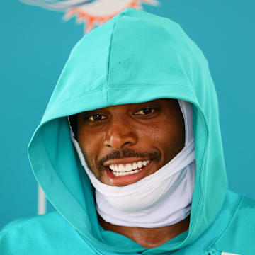 Jul 24, 2024; Miami Gardens, FL, USA; Miami Dolphins cornerback Jalen Ramsey (5) talks to reporters during training camp at Baptist Health Training Complex. Mandatory Credit: Sam Navarro-Imagn Images