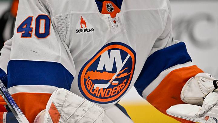 Oct 12, 2024; Dallas, Texas, USA; A view of the logo on the jersey of New York Islanders goaltender Semyon Varlamov (40) during the game between the Dallas Stars and the New York Islanders at the American Airlines Center. Mandatory Credit: Jerome Miron-Imagn Images
