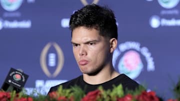Jan 1, 2025; Pasadena, CA, USA;  Oregon Ducks quarterback Dillon Gabriel (8)  speaks in a press conference after the game against the Ohio State Buckeyes in the 2025 Rose Bowl college football quarterfinal game at Rose Bowl Stadium.