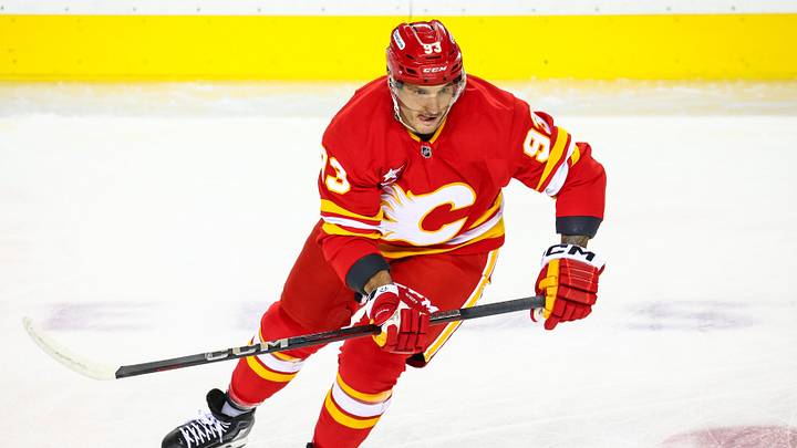 Sep 28, 2024; Calgary, Alberta, CAN; Calgary Flames right wing Martin Frk (93) skates during the warmup period against the Vancouver Canucks at Scotiabank Saddledome. Mandatory Credit: Sergei Belski-Imagn Images