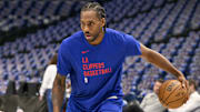 Apr 26, 2024; Dallas, Texas, USA; LA Clippers forward Kawhi Leonard (2) warms up before the game between the Dallas Mavericks and the LA Clippers during game three of the first round for the 2024 NBA playoffs at the American Airlines Center. Mandatory Credit: Jerome Miron-Imagn Images