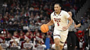 Mar 27, 2025; San Francisco, CA, USA; Texas Tech Red Raiders forward Darrion Williams (5) drives to the hoop during the second half against the Arkansas Razorbacks 
during a West Regional semifinal of the 2025 NCAA tournament at Chase Center. Mandatory Credit: Eakin Howard-Imagn Images
