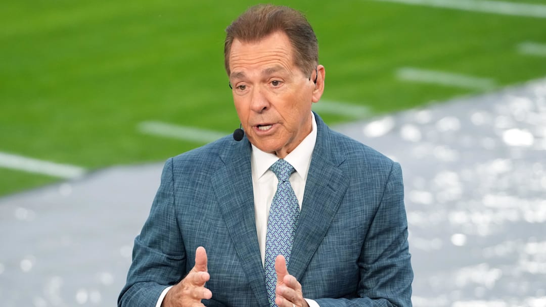 Jan 1, 2026; Pasadena, CA, USA; Nick Saban on the ESPN College Gameday set during the 2026 Rose Bowl and quarterfinal game of the College Football Playoff at Rose Bowl Stadium. Mandatory Credit: Kirby Lee-Imagn Images