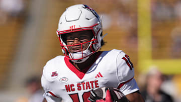 Oct 19, 2024; Berkeley, California, USA; North Carolina State Wolfpack wide receiver Kevin Concepcion (10) warms up before the game against the California Golden Bears at California Memorial Stadium. Mandatory Credit: Darren Yamashita-Imagn Images