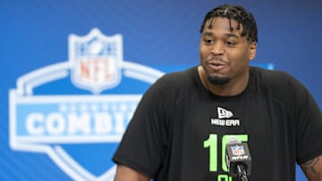 Mar 1, 2025; Indianapolis, IN, USA; William & Mary offensive lineman Grant Charles (OL16) answers questions at a press conference during the 2025 NFL Combine at Indiana Convention Center. Mandatory Credit: Jacob Musselman-Imagn Images