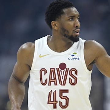 May 6, 2025; Cleveland, Ohio, USA; Cleveland Cavaliers guard Donovan Mitchell (45) reacts in the first quarter against the Indiana Pacers during game two of the second round of the 2025 NBA Playoffs at Rocket Arena. Mandatory Credit: David Richard-Imagn Images