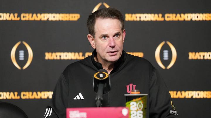 Jan 19, 2026; Miami Gardens, FL, USA; Indiana Hoosiers head coach Curt Cignetti speaks to the media after the College Football Playoff National Championship game against the Miami Hurricanes at Hard Rock Stadium. Mandatory Credit: Kirby Lee-Imagn Images