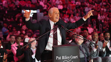 Oct 23, 2024; Miami, Florida, USA;  Miami Heat president Pat Riley addresses the crowd during the Pat Riley Court dedication ceremony at halftime at Kaseya Center. Mandatory Credit: Jim Rassol-Imagn Images