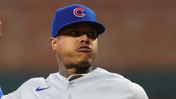 Chicago Cubs starting pitcher Marcus Stroman (0) throws against the Atlanta Braves