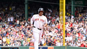 Jun 15, 2025; Boston, Massachusetts, USA; Boston Red Sox designated hitter Rafael Devers (11) runs the bases after hitting a one run home run against the New York Yankees during the fifth inning at Fenway Park. Mandatory Credit: Eric Canha-Imagn Images