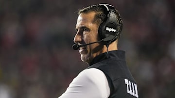 Nov 16, 2024; Madison, Wisconsin, USA;  Wisconsin Badgers head coach Luke Fickell during the game against the Oregon Ducks at Camp Randall Stadium. Mandatory Credit: Jeff Hanisch-Imagn Images