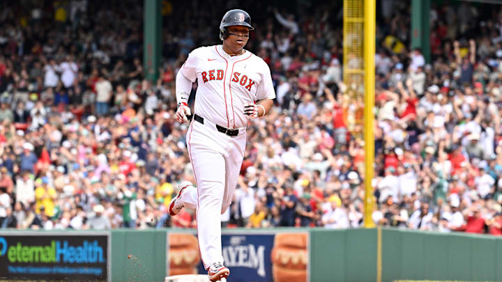 Jun 15, 2025; Boston, Massachusetts, USA; Boston Red Sox designated hitter Rafael Devers (11) runs the bases after hitting a one run home run against the New York Yankees during the fifth inning at Fenway Park. Mandatory Credit: Eric Canha-Imagn Images Jun 15, 2025; Boston, Massachusetts, USA; Boston Red Sox designated hitter Rafael Devers (11) runs the bases after hitting a one run home run against the New York Yankees during the fifth inning at Fenway Park. Mandatory Credit: Eric Canha-Imagn Images