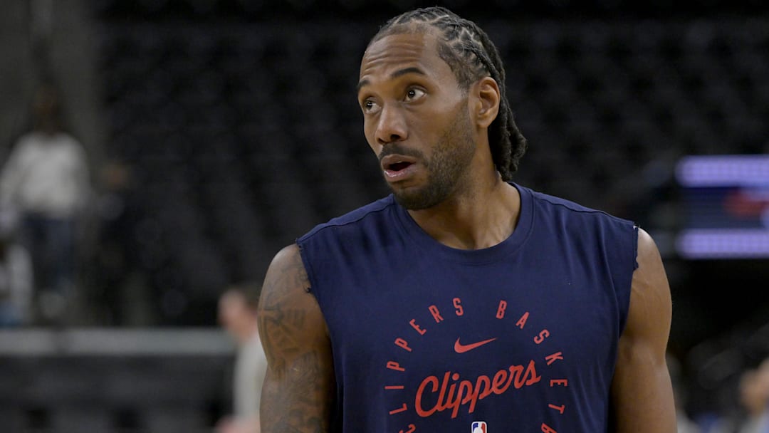 Mar 21, 2025; Inglewood, California, USA; LA Clippers forward Kawhi Leonard (2) warms up prior to the game against the Memphis Grizzlies at Intuit Dome.