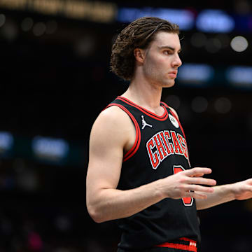 Jan 1, 2025; Washington, District of Columbia, USA; Chicago Bulls guard Josh Giddey (3) looks on during the second quarter against the Washington Wizards at Capital One Arena. Mandatory Credit: Reggie Hildred-Imagn Images