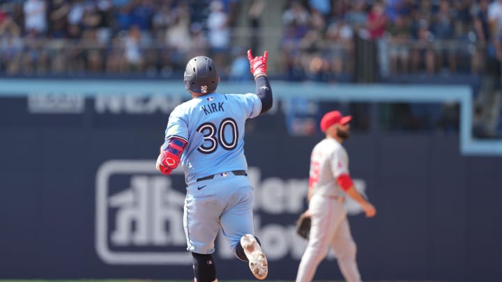 Aug 25, 2024; Toronto, Ontario, CAN; Toronto Blue Jays catcher Alejandro Kirk (30) celebrates after hitting a two run home run against the Los Angeles Angels during the seventh inning at Rogers Centre. Mandatory Credit: Nick Turchiaro-USA TODAY Sports