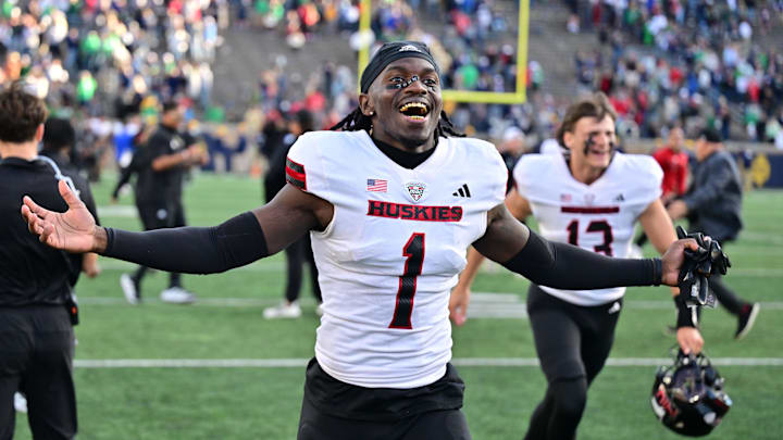 Sep 7, 2024; South Bend, Indiana, USA; Northern Illinois Huskies defensive back Jashon Prophete (1) celebrates after the Huskies defeated the Notre Dame Fighting Irish 16-14 at Notre Dame Stadium. Mandatory Credit: Matt Cashore-Imagn Images