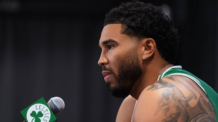 Sep 28, 2026; Boston, MA, USA; Boston Celtics forward Jayson Tatum (0) talks to reporters during media day at Auerbach Center. Mandatory Credit: David Butler II-Imagn Images