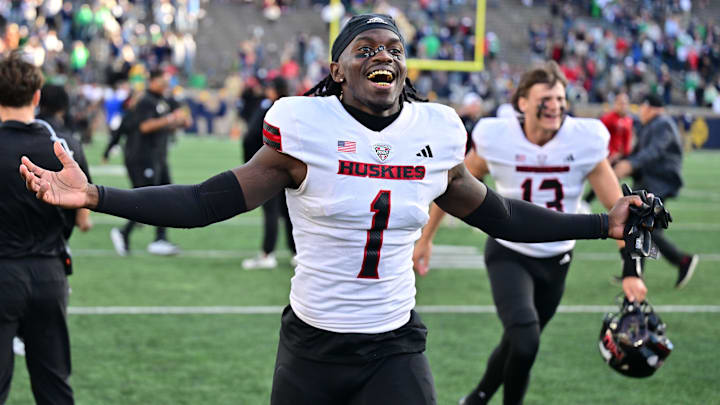 Sep 7, 2024; South Bend, Indiana, USA; Northern Illinois Huskies defensive back Jashon Prophete (1) celebrates after the Huskies defeated the Notre Dame Fighting Irish 16-14 at Notre Dame Stadium. Mandatory Credit: Matt Cashore-Imagn Images