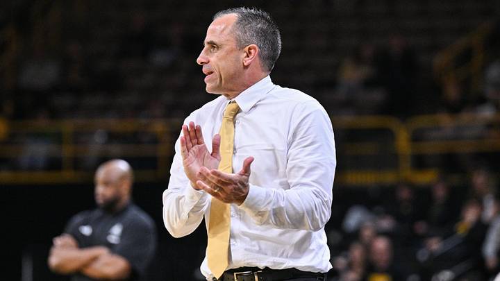 Nov 20, 2025; Iowa City, Iowa, USA; Iowa Hawkeyes head coach Ben McCollum reacts during the first half against the Chicago State Cougars at Carver-Hawkeye Arena. Mandatory Credit: Jeffrey Becker-Imagn Images