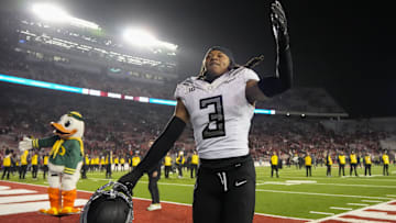Nov 16, 2024; Madison, Wisconsin, USA;  Oregon Ducks defensive back Brandon Johnson (3) celebrates following the game against the Wisconsin Badgers at Camp Randall Stadium. Mandatory Credit: Jeff Hanisch-Imagn Images